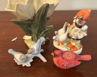 Lot #213 Vintage Ceramic Figurine Lot Girl Geese Bluebirds Cardinal Candle Flower Vase