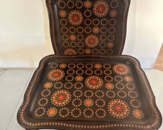 Lot #178 Vintage 1970s Metal Lap Tray Set 2 Black Orange Boho Medallion Folding Legs