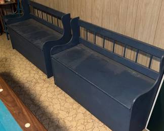 Lot #14 Vintage Blue Painted Wood Storage Bench Pair Spindle Back Lift Seat Folk Art includes Vintage Baskets