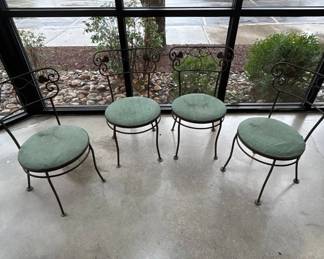 Lot #241 Set 4 Wrought Iron Scrollwork Bistro Chairs Green Cushions Patio Garden 1960s