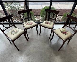 Lot #130 Set 4 Regency Mahogany Dining Chairs Needlepoint Floral Seats Saber Leg 1940s