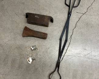 Lot #128 Antique Blacksmith Iron Tongs + Axe Head + Anvil Hardy Tool Lot 3pc