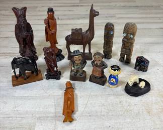 Lot #88 Folk Art Wood Carved Figurine Lot Asian Kokeshi Llama Tiki Anri Style 12 Pcs