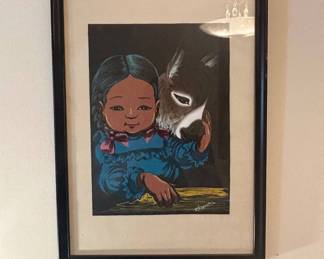 Lot #182 Vintage Mexican Folk Art Black Velvet Painting Girl Donkey Signed 1960s