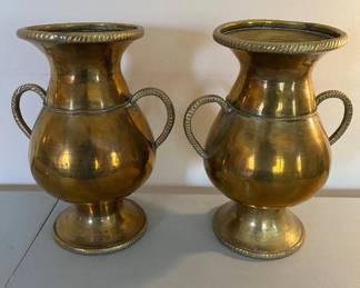 Lot #60 Pair Vintage Brass Urn Vases Double Handle Rope Trim Footed Classical 12in