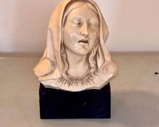 Lot #18 Virgin Mary Weeping Madonna Resin Bust Sculpture Black Wood Base Religious