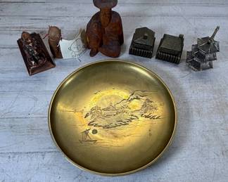 Lot #111 Lot Asian Brass Engraved Tray Ojizo-Sama Jizo Stone Carved Wood Pagoda Figurines