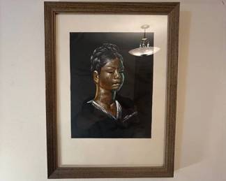 Lot #185 Signed R. Llasuetos Original Pastel Portrait Black Paper Woman Framed Art