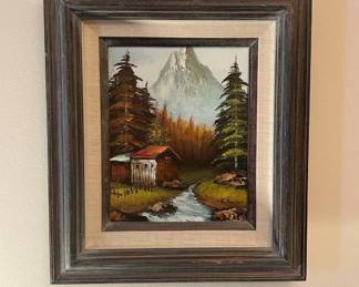 Lot #203 F. Bunton Signed Oil on Canvas Rocky Mountain Cabin Stream Landscape Framed