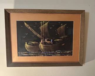 Lot #181 Vietnamese Lacquer Painting Junk Boat Fishermen Black Velvet Signed Framed