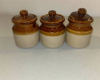Lot #168 Set of 3 Vintage Stoneware Mini Condiment Crocks Lidded Brown Drip Glaze