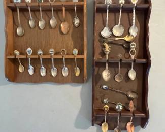 Lot #51 Vintage Souvenir Spoon Collection 30+ Spoons 2 Wood Display Racks New Mexico