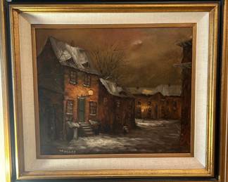 Lot #204 Heisinger Signed Oil on Canvas Winter Village Street Scene Nocturne Gilt Frame