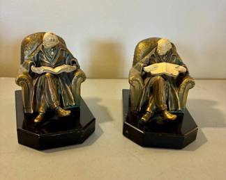Lot #20 Vintage Brass-Tone Scholar Reading Armchair Bookends Pair Art Deco Figural