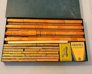 Lot #8 Vintage 1940s-50s Wood Word Stamp Set Reading Kit Columbia Ink Pad Crayola Box