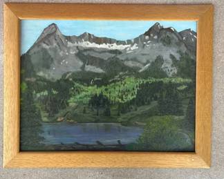 Lot #95 Signed Marge Colorado Rocky Mountain Lake Oil Painting Canvas Oak Frame