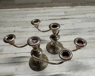 Lot #211 Pair Weighted Sterling Silver 3-Arm Candelabra Candlesticks Mid Century 1950s