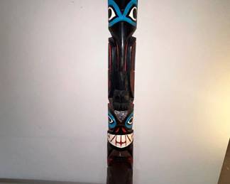 Lot #37 Pacific Northwest Coast Style Hand Carved Wood Totem Pole Painted Black Red Blue