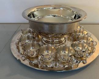 Lot #59 Silver Plate Punch Bowl Set 12 Cups Engraved Tray Mid Century Entertaining