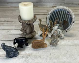 Lot #140 Animal Figurine Lot Stone Seal Ebony Elephant Wood Deer Bird Resin Squirrel Mirror
