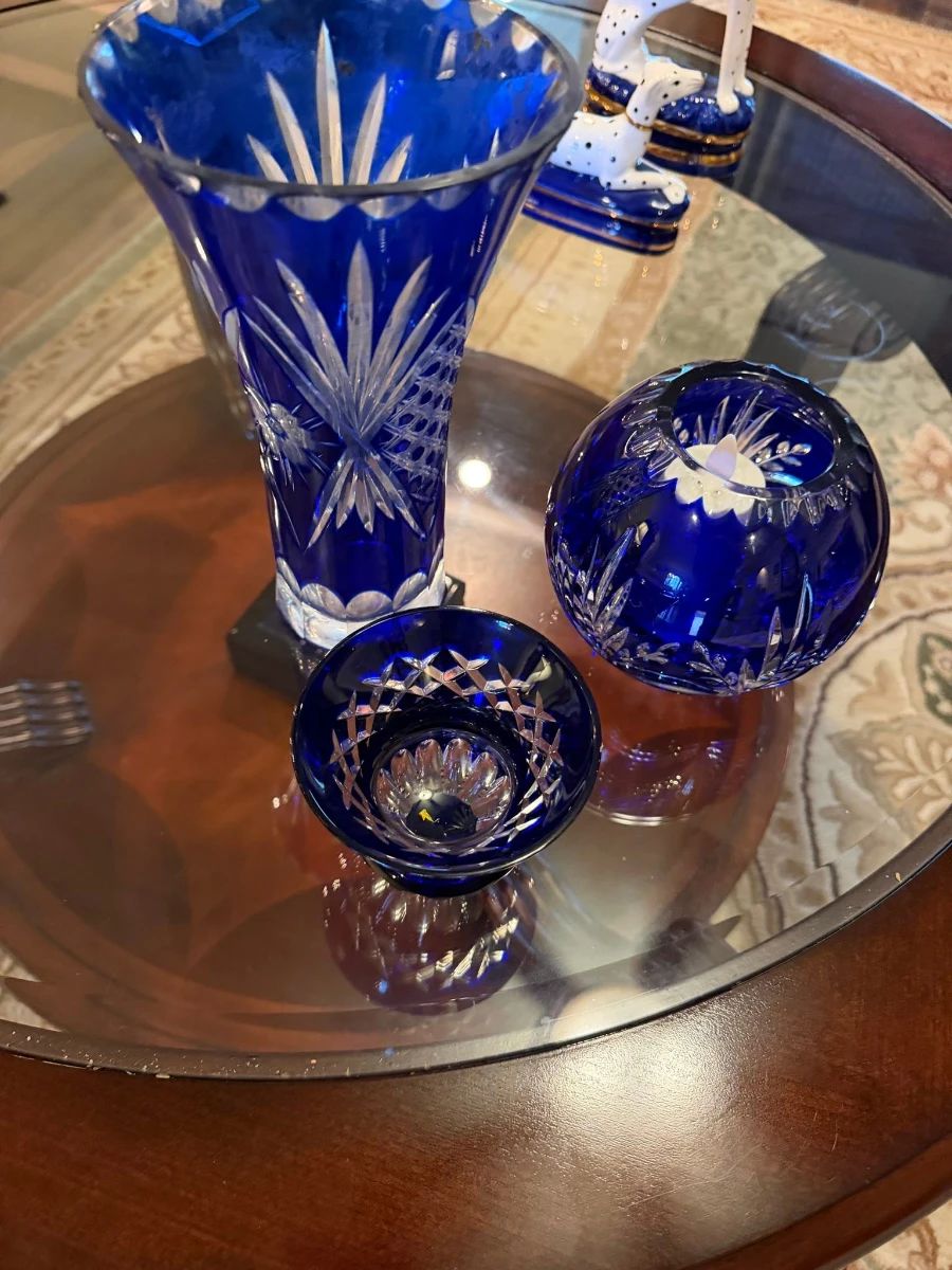 German Cobalt Cut Crystal Vase, candy dish, other