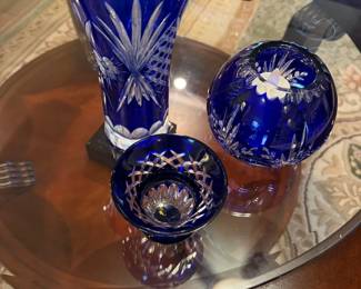 German Cobalt Cut Crystal Vase, candy dish, other