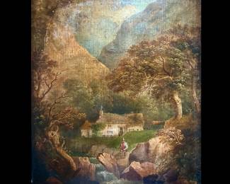 Unsigned 18th or 19th century original oil on canvas of a Bucolic European Landscape, finished corner antique gold frame