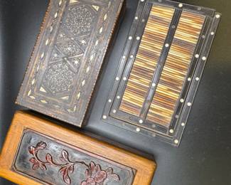 Vintage boxes: middle eastern marquetry, porcupine quill and ebony, carved Asian floral in mixed woods