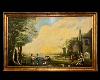 20th century oil on board reproduction of a 17th Century Dutch Pastoral Landscape, custom framed, 40 high by 55 wide, monogrammed JVC.