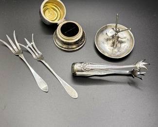 Sterling silver smalls, shown here a presentation ring box, serving forks, tongs, and a golf themed ring holder