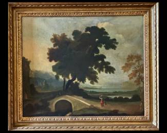 Unsigned 19th Century (or earlier) European Landscape, previously restored and “laid down” on a new canvas, custom framed, 30 high by 34 wide
