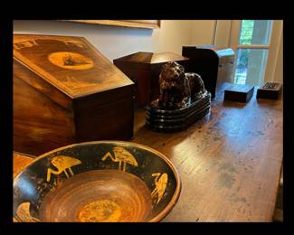 A pre-columbian Narin bowl with rare avian motif, an English Trinity House marquetry letters box-a rare form, an English tea caddy, a domed tantalus box, and an American salt glaze lion