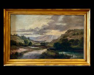 John Elwood Bundy, American, 1853-1933, American Landscape, Original Oil on Canvas, Custom Framed. 26 1/2 high by 41 wide