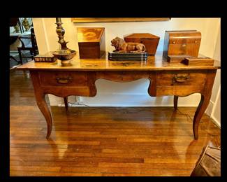 “Bureau Plat”, French Provincial Writing Desk, 19th Century or earlier, scalloped apron, fruitwood, cabriole legs