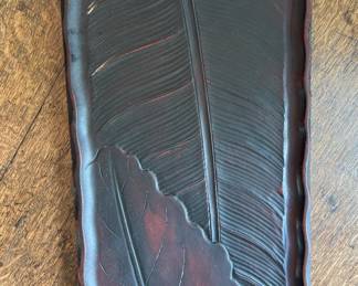 Vintage, finely carved Japanese keyaki Kamakuri-bori lacquer tray, 25”long. Signed.