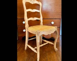 Set of five Vintage Country French solid wood carved, antiqued, paper covered rush seat chairs