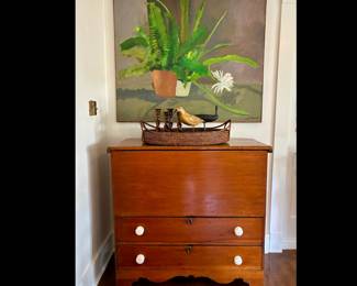 “Mule Chest” or blanket Chest, hinged top with blanket storage over two drawers, 19th century, American Primitive, probably cherry, bracket feet, dovetail construction