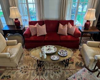Pair of Hickory Chair stationary upholstered club chairs with one ottoman, rolled arms, spring down cushions. Hickory Chair “Devon” sofa, spring down “t” cushions, rolled arms. All from Dixon Smith Interiors