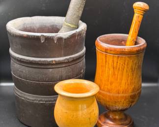Antique large lignum vitae mortar with a brass pestle, and a hand turned mortar and pestle