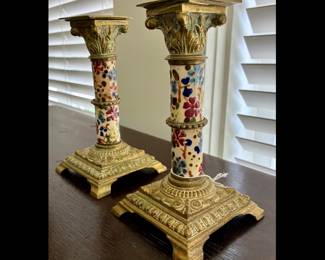 Antique gilt brass candlesticks with Staffordshire columns