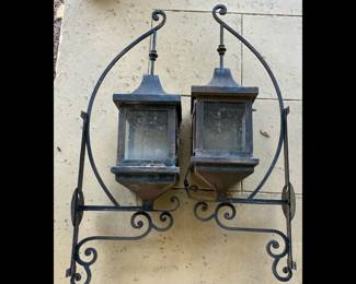 Pair of antique wrought iron French style gas lanterns