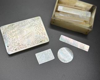 19th century Chinese mother of pearl engraved gaming tokens and original box with embossed love birds