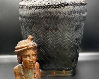 Indonesian carved bust, and rice basket