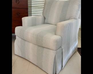 PAIR of O.W. LEE brand “T cushion” swivel chairs upholstered in Aurora Mist linen, from Dixon Smith Interiors