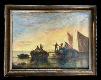 “After” Joseph M W Turner, signed lower left, considered to not be authentic, Original Seascape, oil on canvas, 19th century canvas and stretchers, new frame,