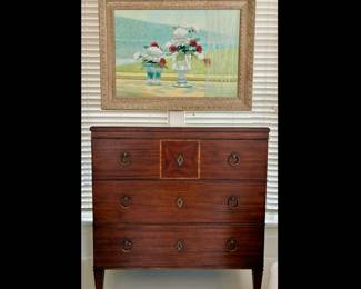 “Port Eliot” Biedermeier style 20th century accent chest, style number PE-129M, mahogany sunburst, brass pulls