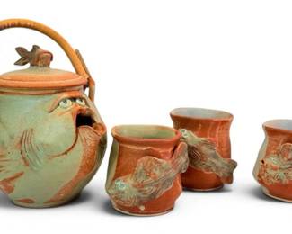 Handmade Ceramic Fish Teapot With Matching Mugs  Signed by D. Overman