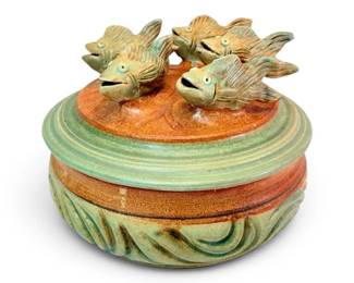 Handmade Ceramic Lidded Fish Dish  Signed by D. Overman