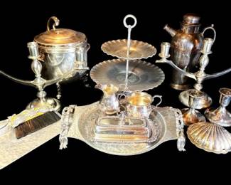 Pewter  SilverPlated Trays, Dust Pan, Candle Stick Holders,  More