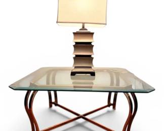 GoldToned Glass Top Coffee Table w Lamp